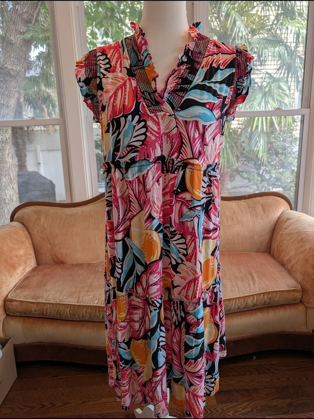 Crown & Ivy Multicolor Tropical Floral Cinch Waist Maxi Dress Size XS NWT
